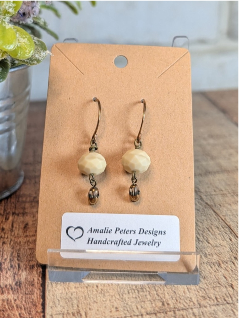 Handcrafted Boho Brass Wrapped Wire Drop Dangle Earrings Neutral Glass Beads